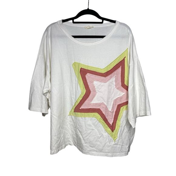 Easel Women's Large Star Patched Oversized Tee T-Shirt White Cotton Boho Relaxed - Picture 1 of 5